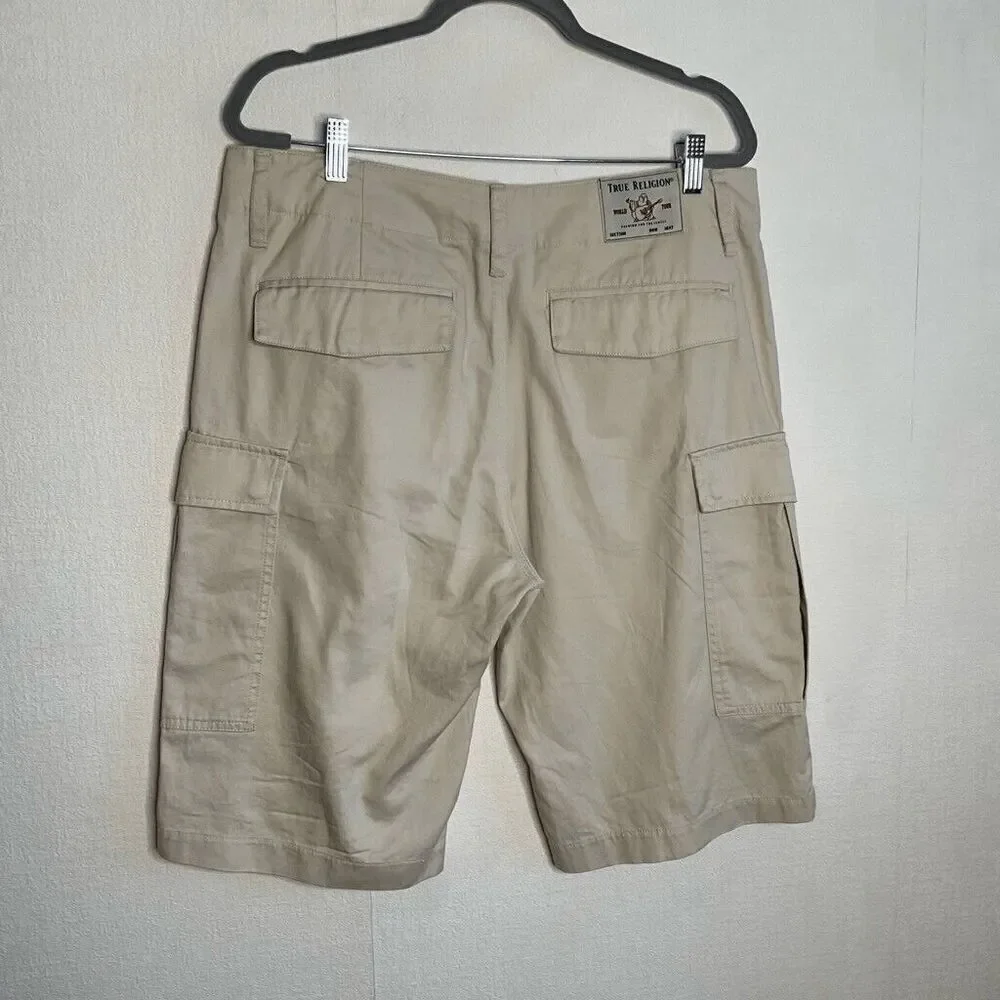 True Religion Men's Khaki Tan Cotton‎ Baggy Hi Rise Casual Cargo Shorts Size 33